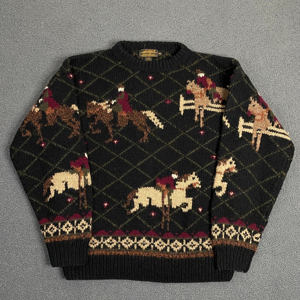 Vintage Eddie Bauer Sweater size Medium Equestrian Chunky Knit Wool Horse Riding
